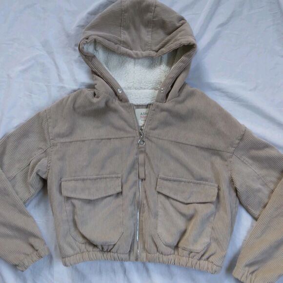 Ashley 26 International Khaki Corduroy Jacket Sherpa Hooded Cropped Size Large - Picture 2 of 12
